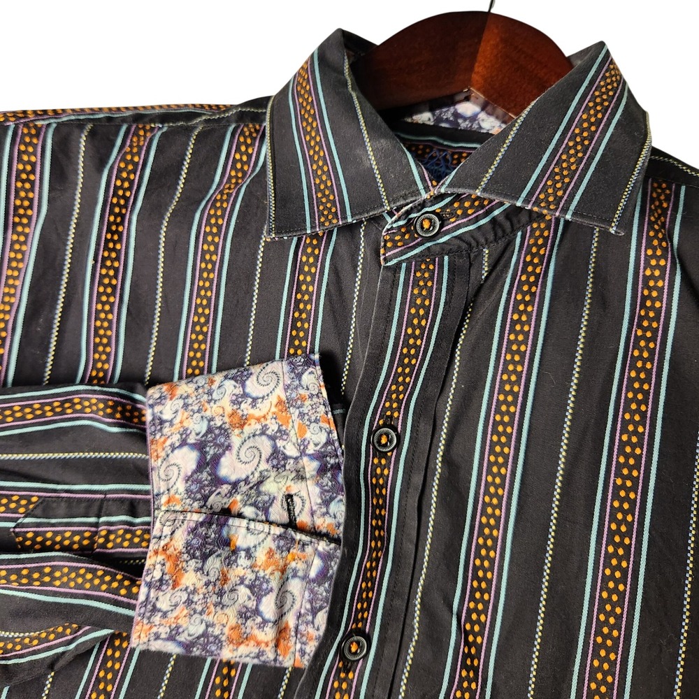 Robert Graham Mens Dress Shirt Black Striped Button Down Long Sleeve Designer